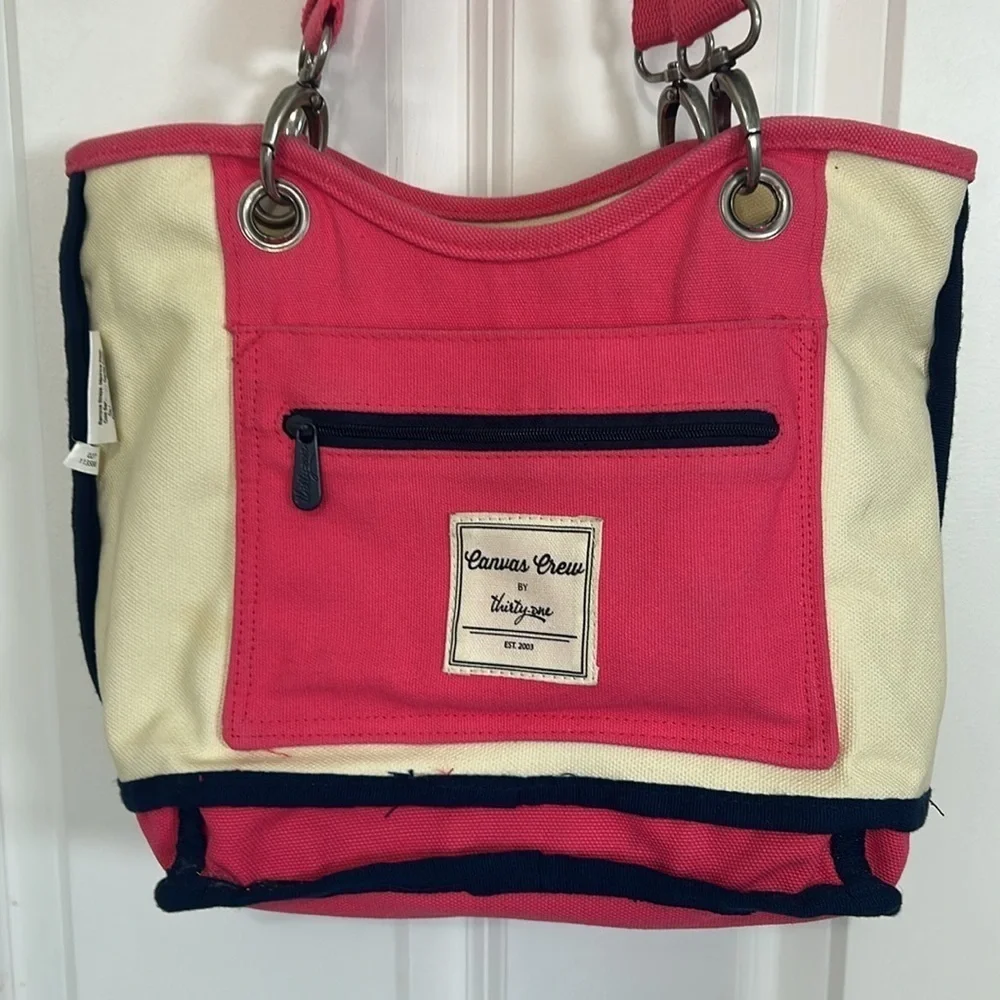Thirty-One Canvas Pink Navy Cream Shoulder Bag
